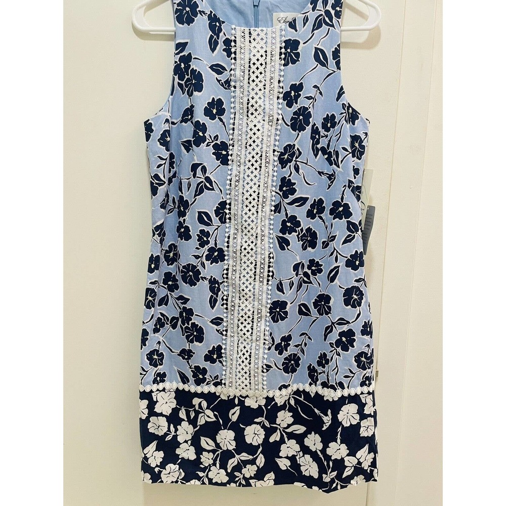 Eliza J Lace Trim Floral Linen Blend Shift Dress Womens Size 6 Blue White NEW